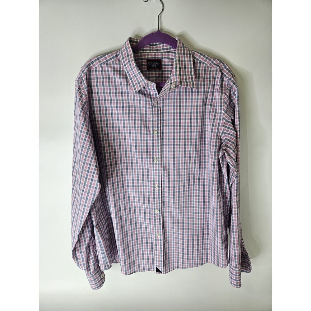 UNTUCKit Button Down Dress Shirt Blue Plaid Mens Size L Performance Pink Blue